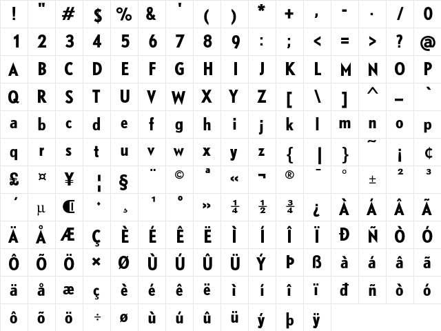 DTLNobelT CondensedBold  glyph index