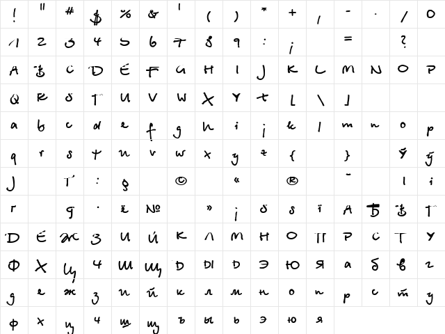 Betina Script Rus Bold  glyph index