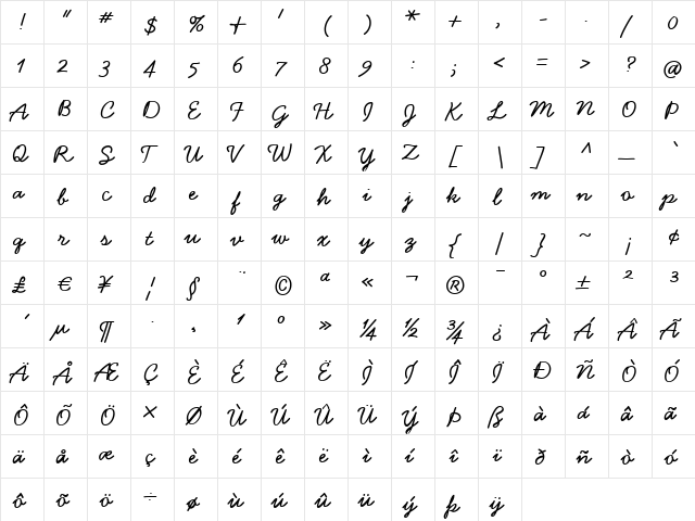 Handsome Bold  glyph index