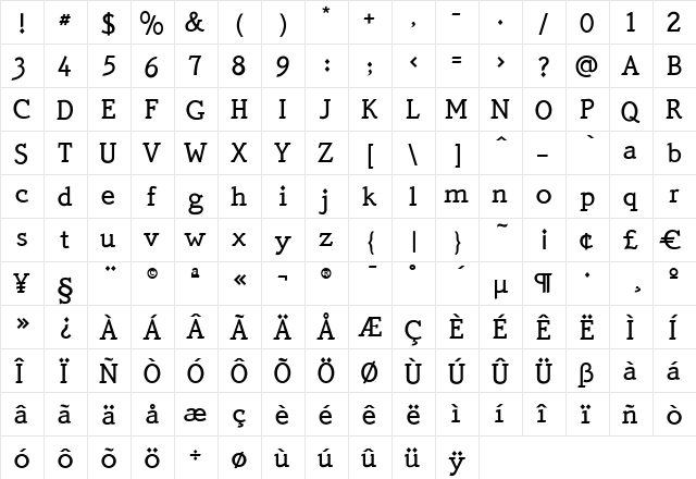 QuickType Medium Regular  glyph index