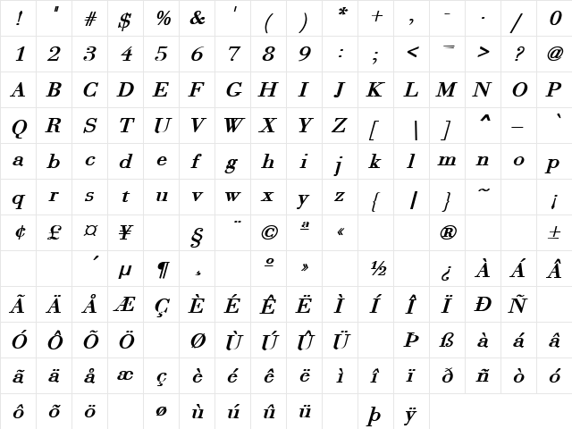 Any Color 12 Bold Italic  glyph index