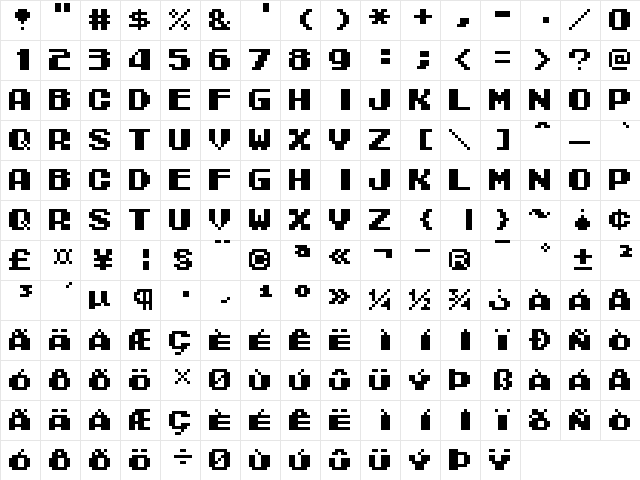 Tecmo Bowl Regular  glyph index