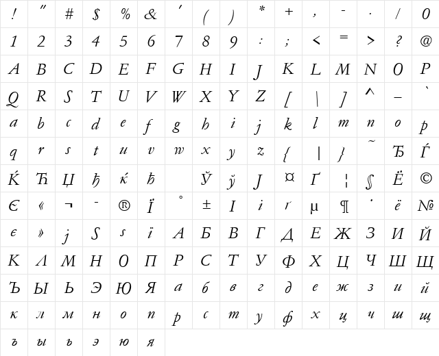 GaramondNo4CyrTCYLig Italic  glyph index