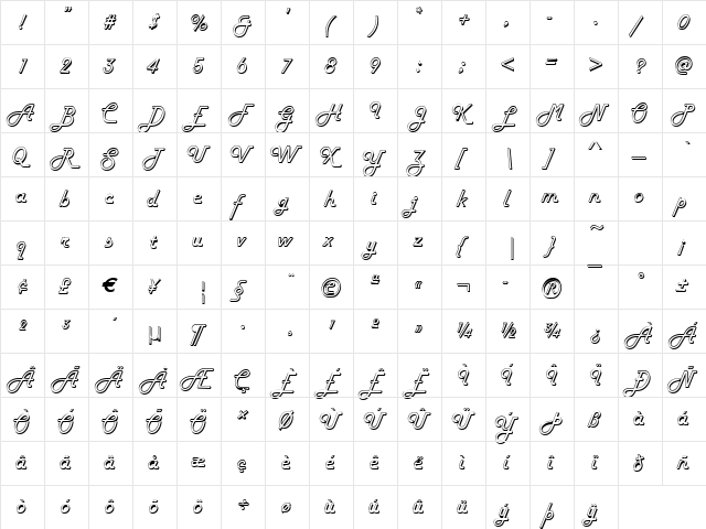 Harrogate Regular  glyph index