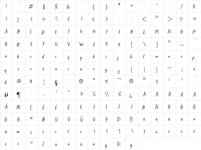 mahyud creatif Regular  glyph index