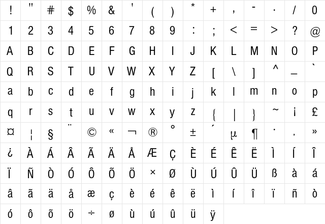 Helvetica Condensed BQ Regular  glyph index