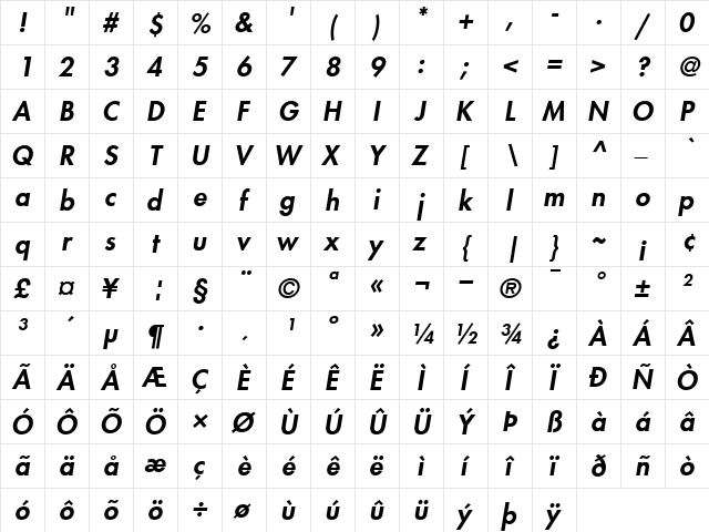 Futura-Heavy HeavyItalic  glyph index