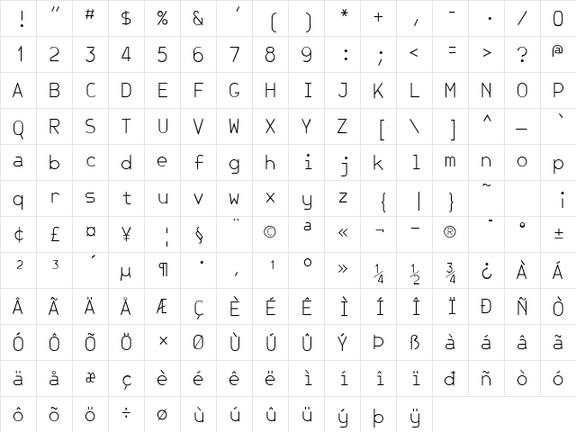 JetJaneMonoThin Book  glyph index