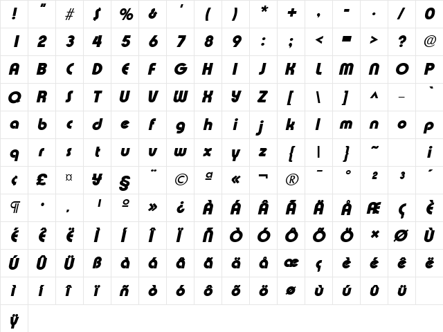 ExpressaLH Bold Italic  glyph index