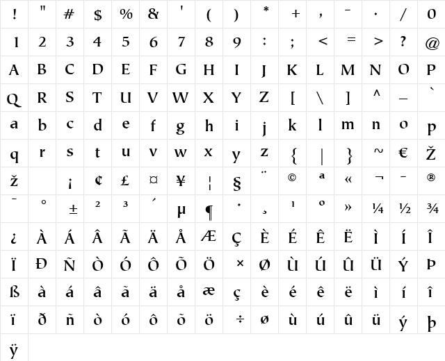 Tiepolo LT Book Bold  glyph index