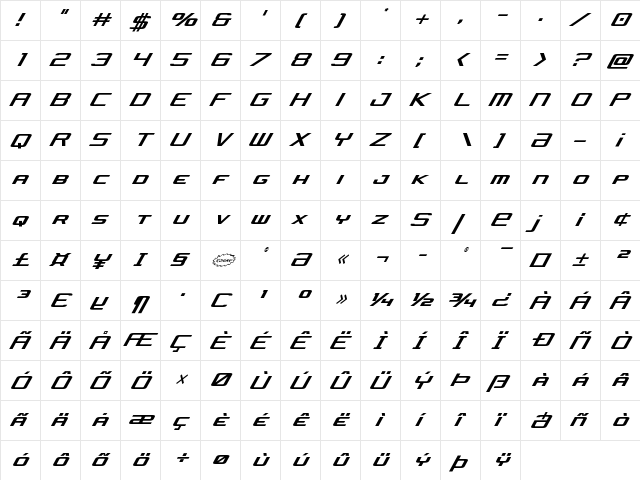 Concielian Jet Condensed Italic Condensed Italic  glyph index