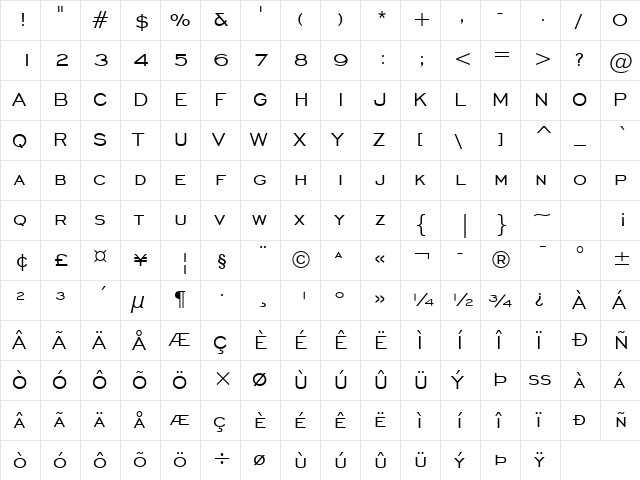EngraversGothic BT Regular  glyph index