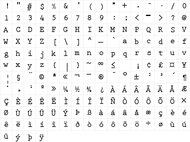 PrestigeTwo Bold  glyph index