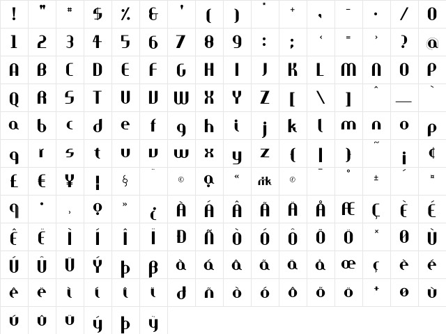 Aparta Regular  glyph index