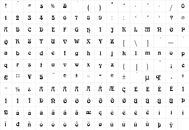 Bockloo Regular  glyph index