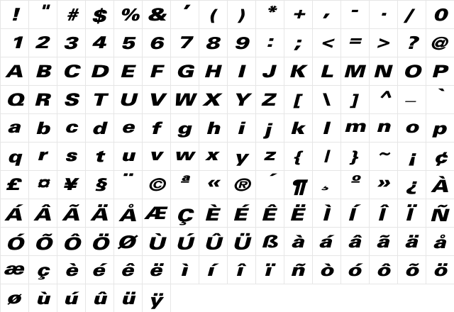 Univers-Black-Italic Wd Regular  glyph index