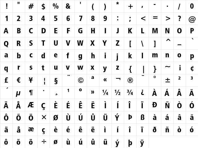 Humanist 777 Black Condensed  glyph index