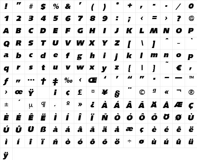 Saxony-HeavyIta Regular  glyph index