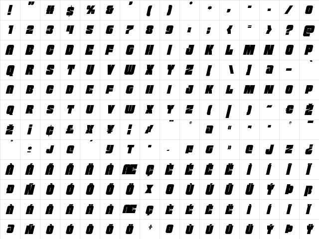 Funk Machine Italic Italic  glyph index