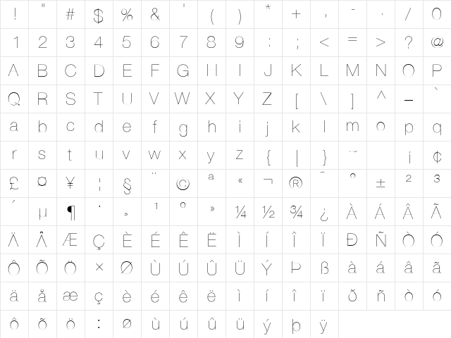 Helvetica Neue UltraLight  glyph index