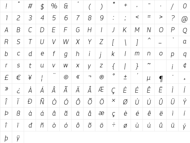 Tepeno Sans Light Italic  glyph index