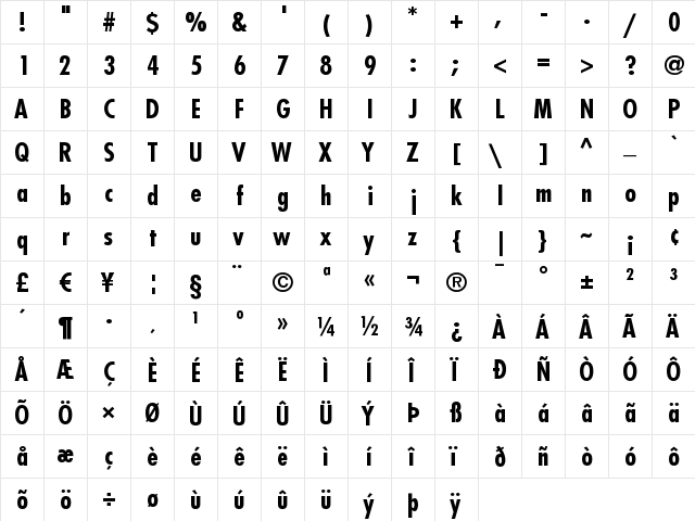 Futura LT CondensedBold  glyph index