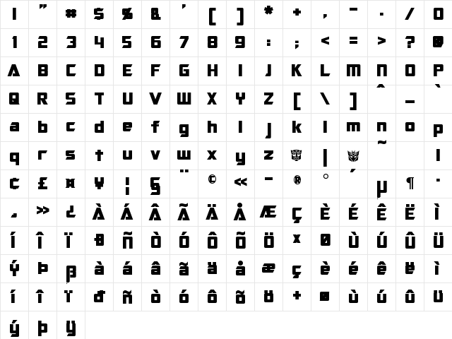 Optimus Bold  glyph index