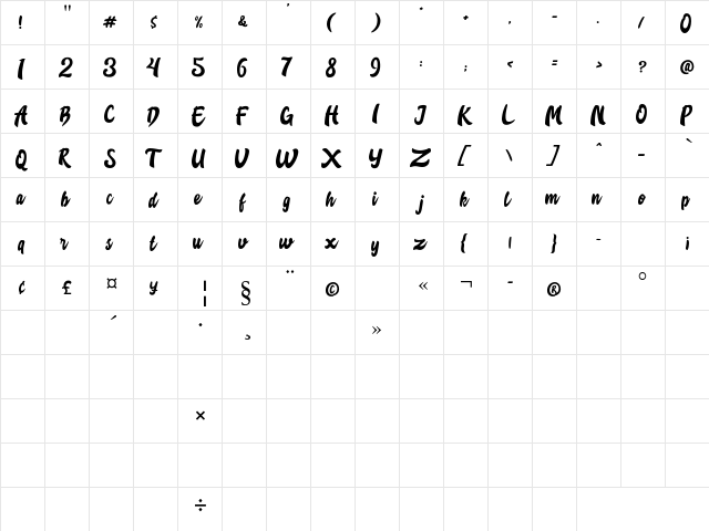 Creasi Script Regular  glyph index
