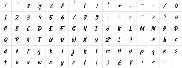 Kinder Boy Italic  glyph index