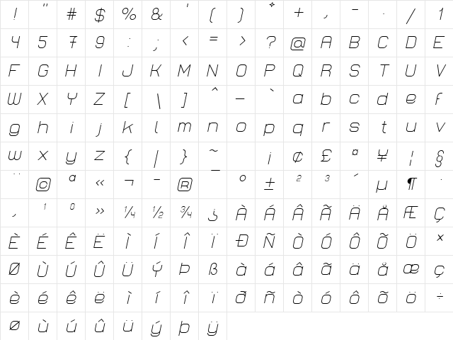 Lastwaerk light Oblique  glyph index