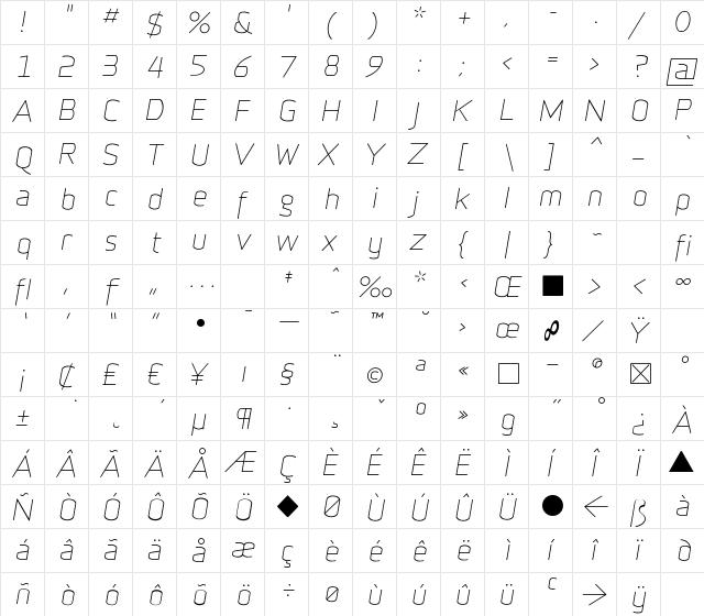 Infinity-T-LI Regular  glyph index