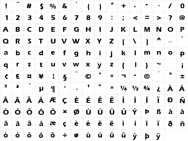 Aquiline Extra Bold Bold  glyph index