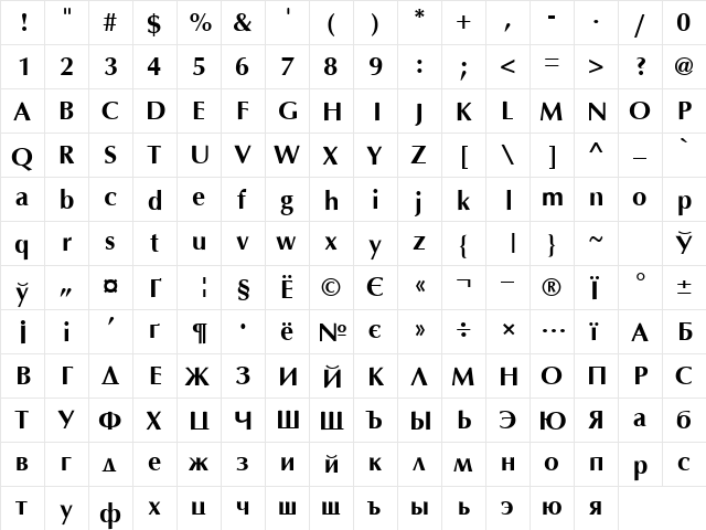 Optima Cyr Bold  glyph index