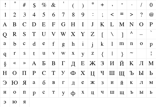 Pravda Regular  glyph index