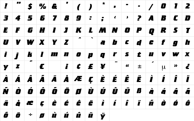 Stettin Regular  glyph index