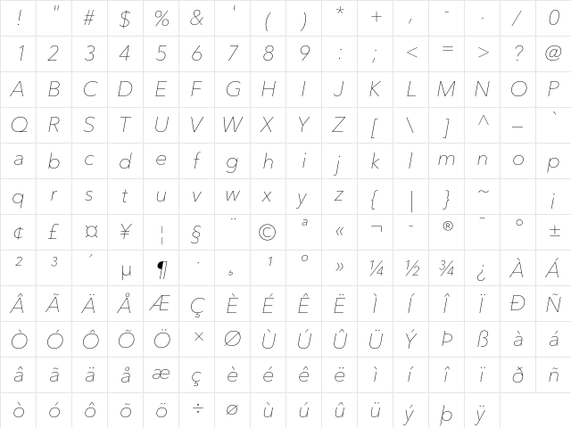 Avenir Next LT Pro Ultra Light Italic  glyph index