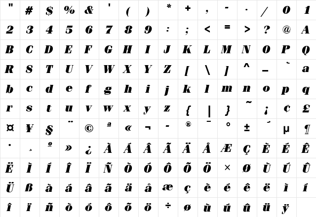 FeniceITC Ultra Italic  glyph index