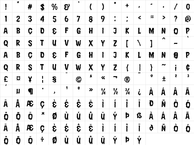 Halloween Fright Regular  glyph index