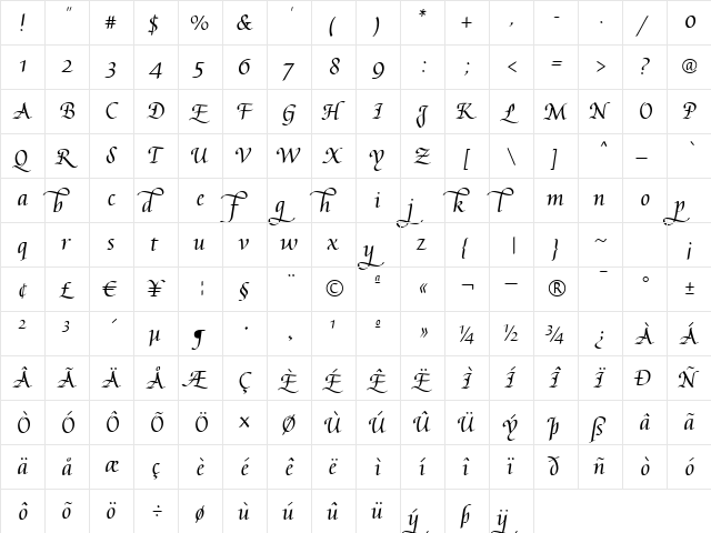 Augusta Cancelaresca Schnurkl Regular  glyph index