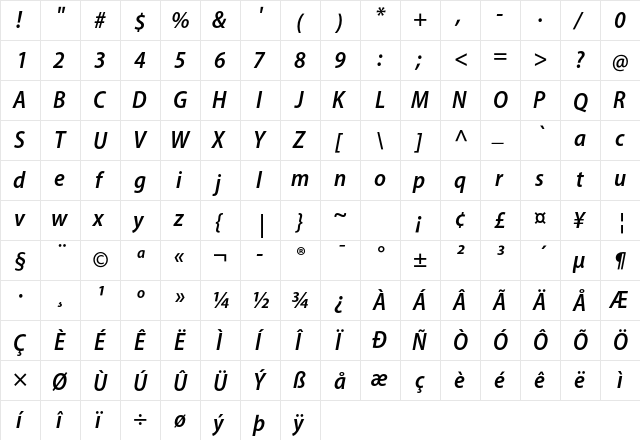 Myriad Pro Semibold SemiCondensed Italic  glyph index