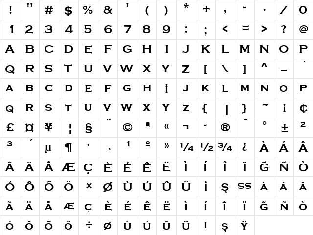 TRCopperplate Gothic Bold Regular  glyph index