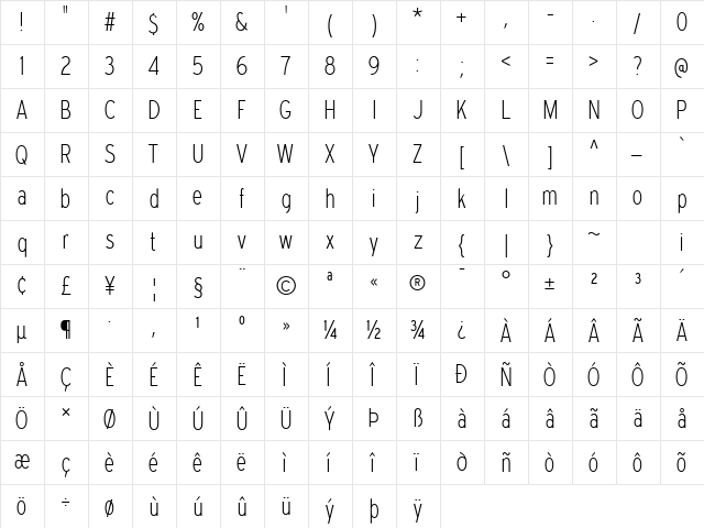Expressway Condensed ExtraLight  glyph index