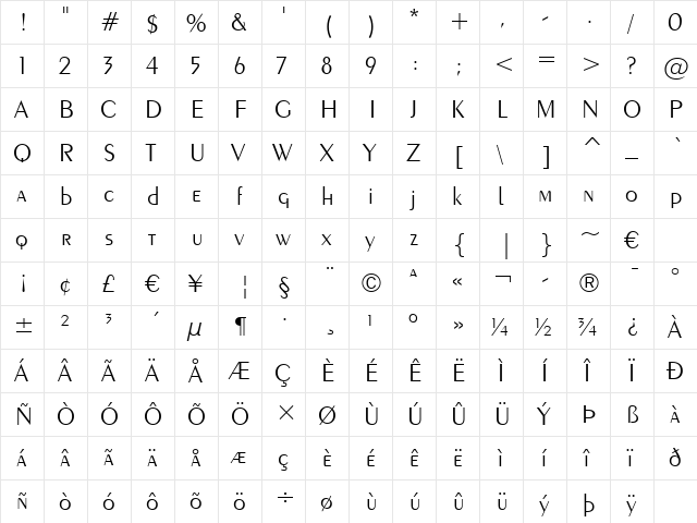 Exotc350 Lt BT Light  glyph index