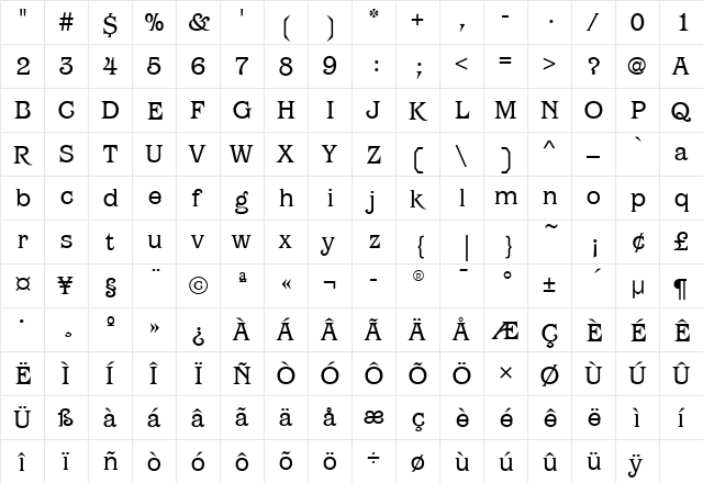 BarcelonaITC Book  glyph index