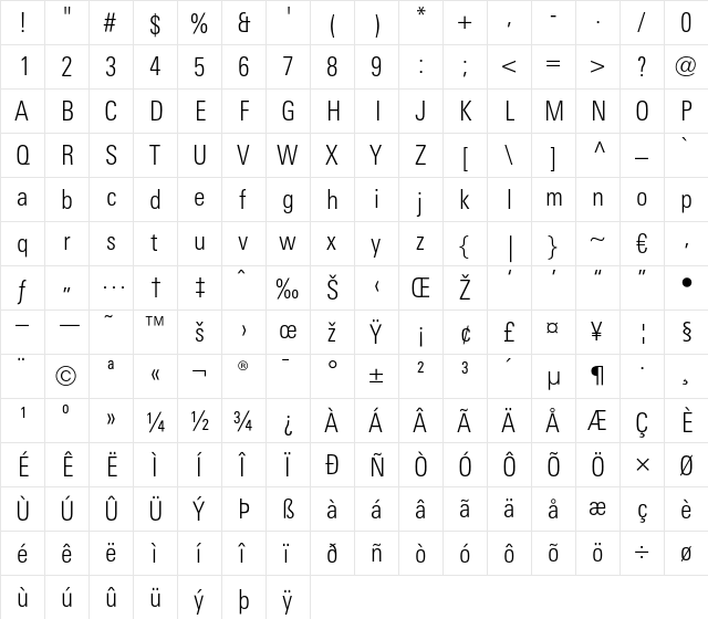 LTUnivers 320 CondLight  glyph index