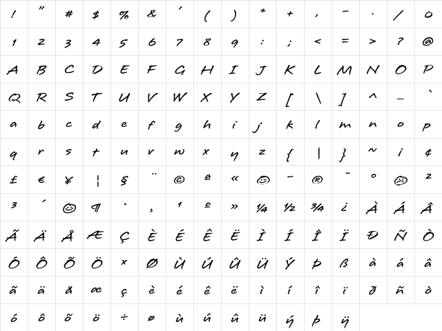 Longhand Regular  glyph index