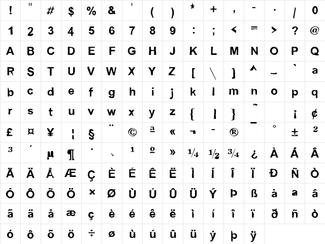 Dirty02 Becker Regular  glyph index