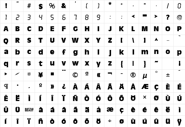 Battle Beast Bold  glyph index