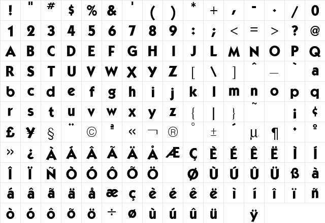 Kabel Bold  glyph index