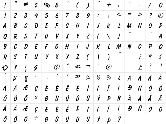 Hot Air Regular  glyph index